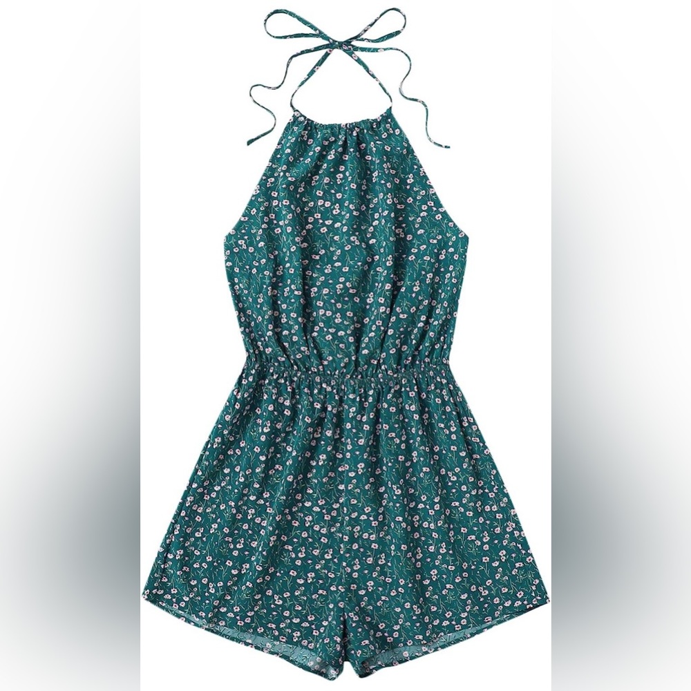 Shein halter romper shorts jumpsuit green jade teal ditsy floral size S.